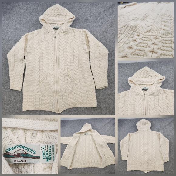 Aran Crafts Sweater Womens XL Cream Hooded Full Zip Irish 100% Merino Wool Knit - Picture 1 of 12